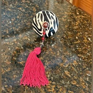 Vintage Bombay Kids Ceramic Finial Knob/Drawer Pull-Zebra Pattern Fuchsia Tassel